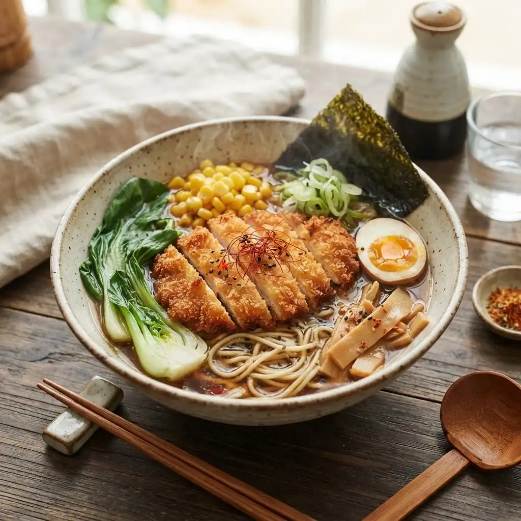 Crispy Chicken Ramen mit Mais und Pak Choi