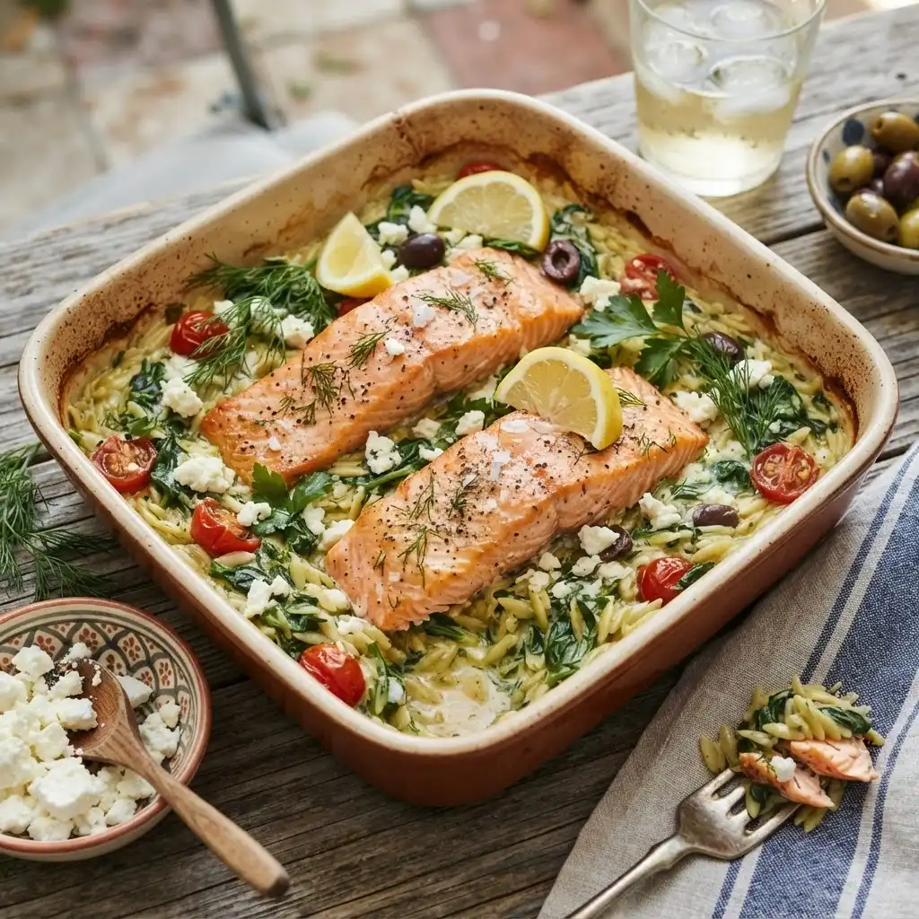 Lachs-Spinat-Orzo aus dem Ofen