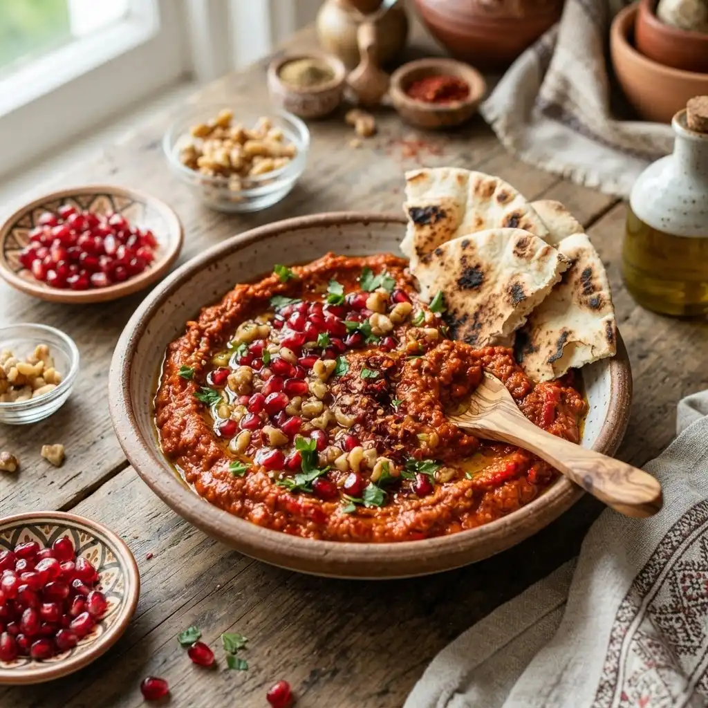 Muhammara mit geröstetem Fladenbrot